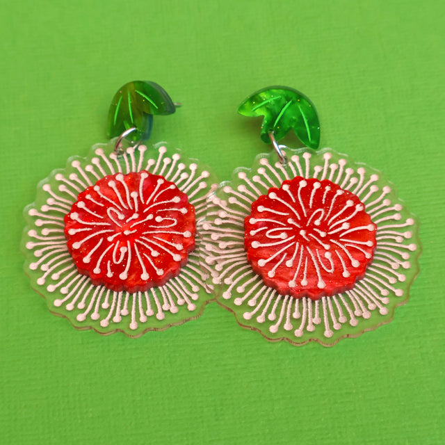 Pincushion Hakea earrings closeup