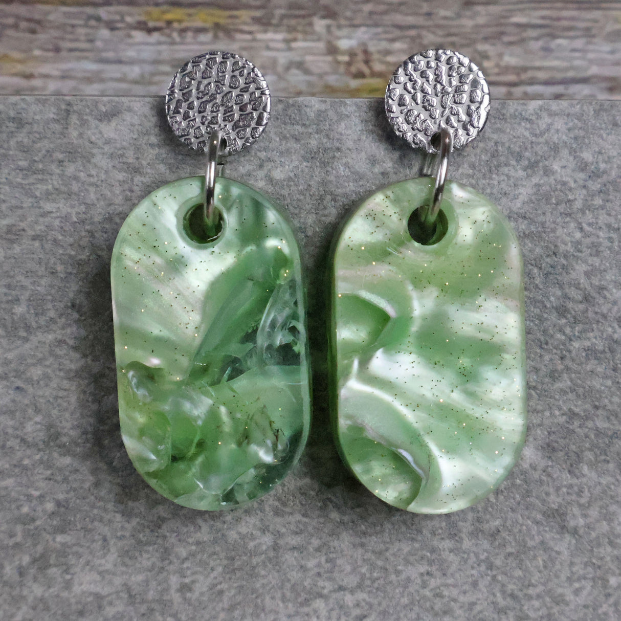 Recycled Acrylic Earrings 'Green Ripple' Collection. Pair 01