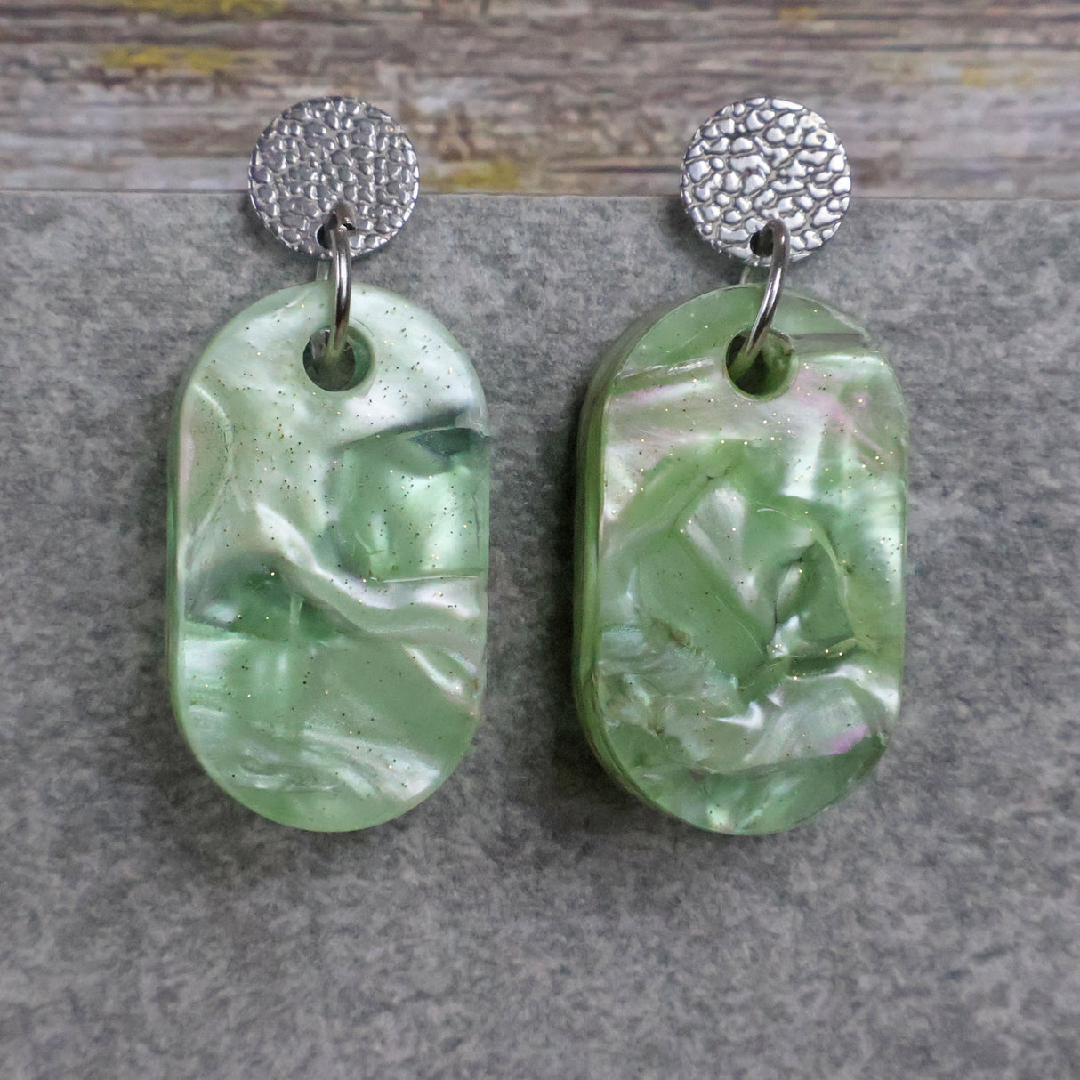 Recycled Acrylic Earrings 'Green Ripple' Collection. Pair 03