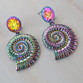 A pair of rainbow spiral nautilus shell earrings with stainless steel toppers. The rainbow effect is a stainless steel plating technique.