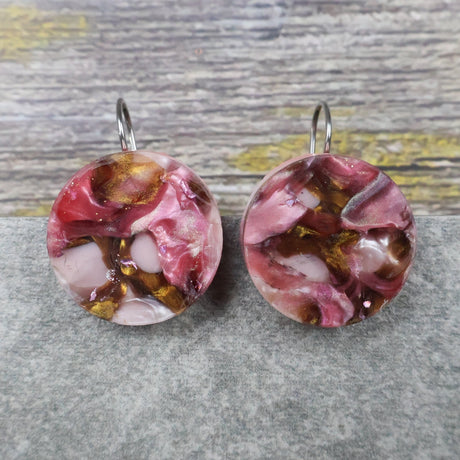 A pair of one of a kind round recycled acrylic earrings with stainless steel french hooks and pink and brown acrylics titled  'Dusky Petals'. Pair 101-17