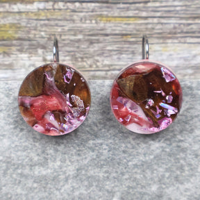 A pair of one of a kind round recycled acrylic earrings with stainless steel french hooks and pink and brown acrylics titled  'Dusky Petals'. Pair 101-13