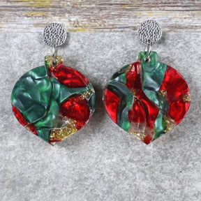 A pair of one of a kind recycled acrylic Christmas bauble earrings with stainless steel toppers, featuring a red, green and gold acrylic design. Pair 108-04