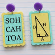 Asymmetrical earrings with 'SOH CAH TOA' and trigonometric triangle symbols in green yellow and purple tones