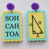 Asymmetrical earrings with 'SOH CAH TOA' and trigonometric triangle symbols in green yellow and purple tones