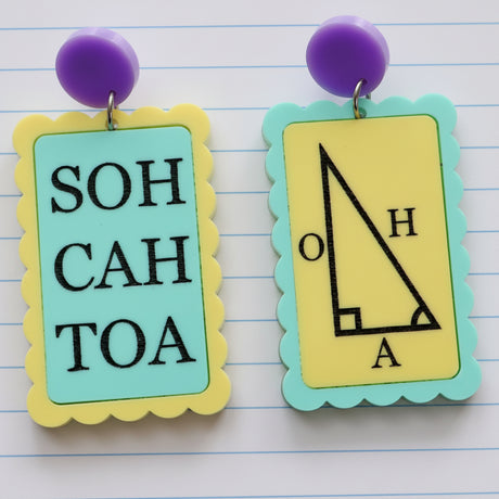 Asymmetrical earrings with 'SOH CAH TOA' and trigonometric triangle symbols in green yellow and purple tones