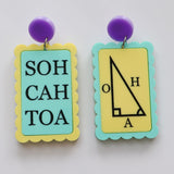 Asymmetrical earrings with 'SOH CAH TOA' and trigonometric triangle symbols in green yellow and purple tones