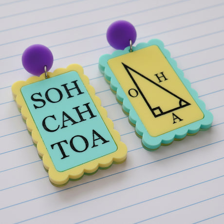 Asymmetrical blue and yellow earrings with 'SOH CAH TOA' and trigonometric triangle design with purple toppers