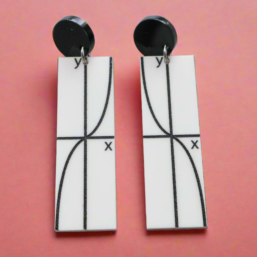 Pair of black and white earrings with tan graph design
