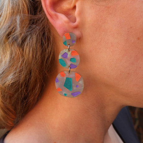 Close-up of a person wearing colourful terrazzo-lookalike acrylic earrings.