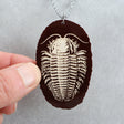 Faux fossilized acrylic trilobite pendant on a chain held by a hand