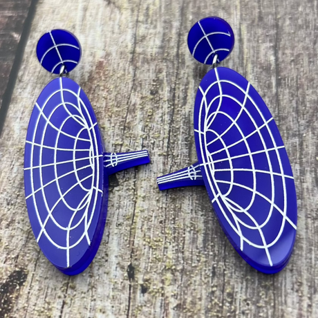 Dark blue dangle acrylic wormhole earrings, view 1.