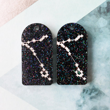 Pair of arch acrylic earrings with pisces star constellation design in white again black glitter acrylic.