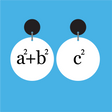 Pair of white round equation dangle earrings with 'a2 b2 c2' text in black, and with black earring toppers. 