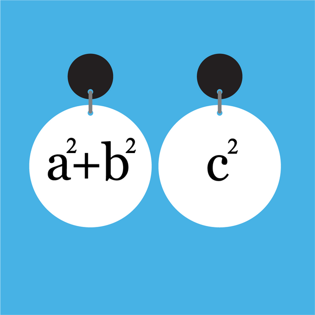 Pair of white round equation dangle earrings with 'a2 b2 c2' text in black, and with black earring toppers. 