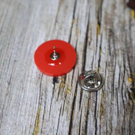 back view of red blood cell pin showing locking clasp. 