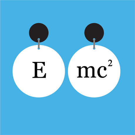 Pair of white round equation dangle earrings with 'E mc2' text in black, and with black earring toppers. 