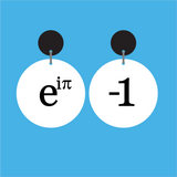 Pair of white round equation dangle earrings with 'e^ipi' and '-1' text in black, and with black earring toppers. 