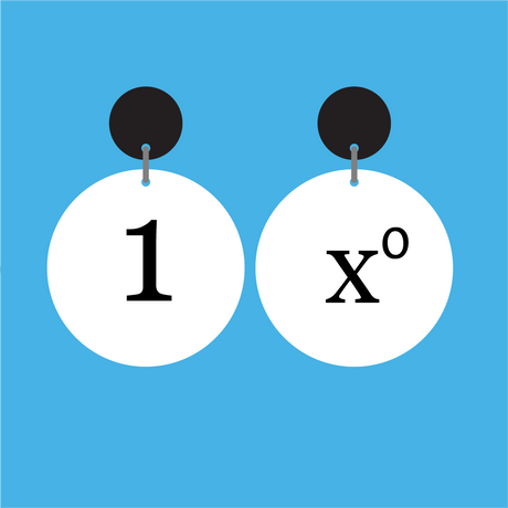 Pair of white round equation dangle earrings with '1 x^0' text in black, and with black earring toppers. 