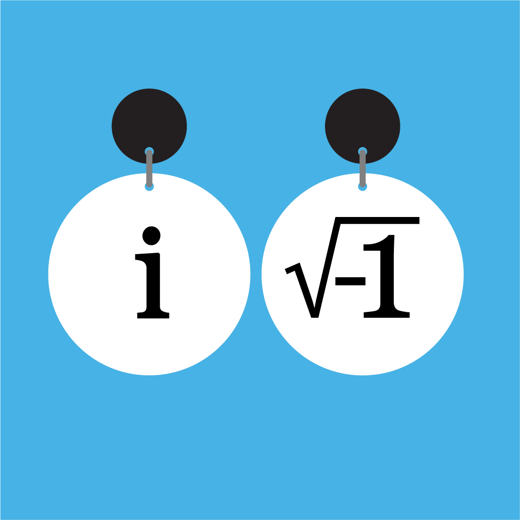 Pair of white round equation dangle earrings with 'i' and 'sqrt -1' text in black, and with black earring toppers. 