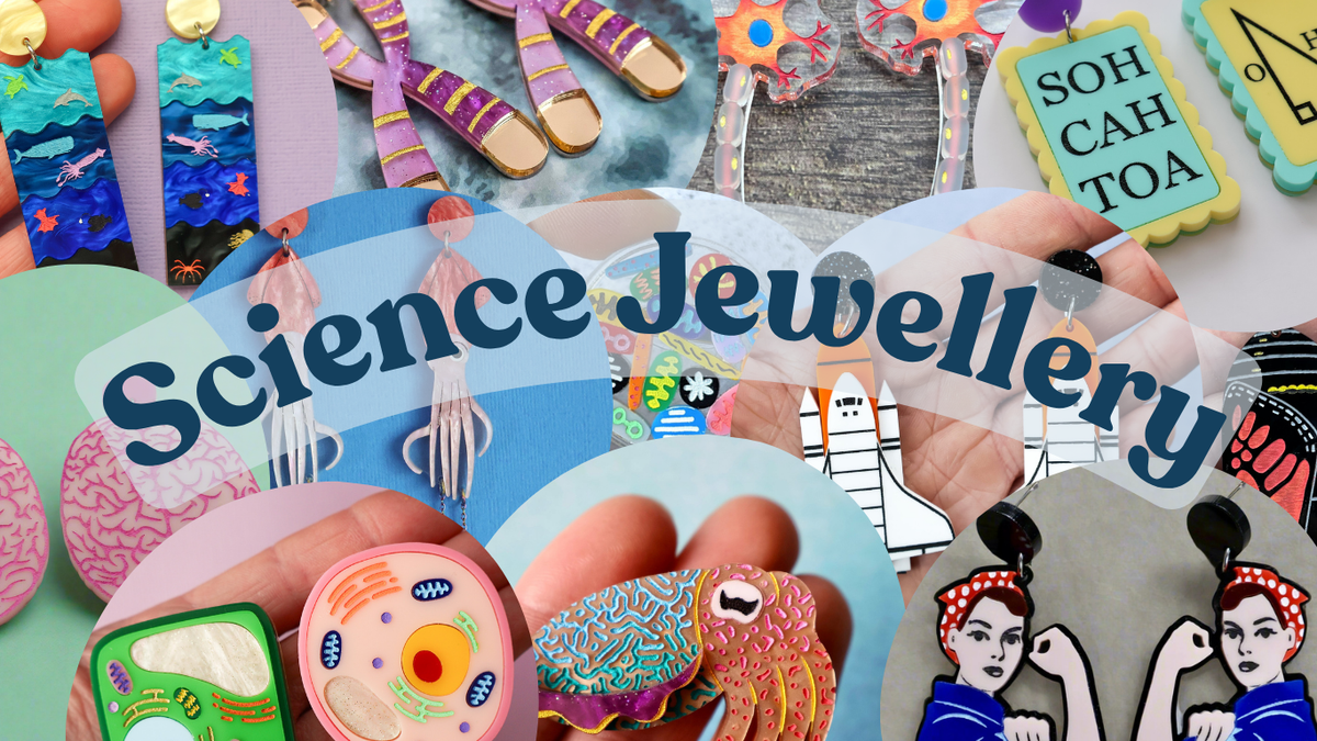 A collage of colorful cience themed earrings with a large translucent 'Science Jewellery' text overlay. The designs include anatomical models, scientific diagrams, and pop culture references.