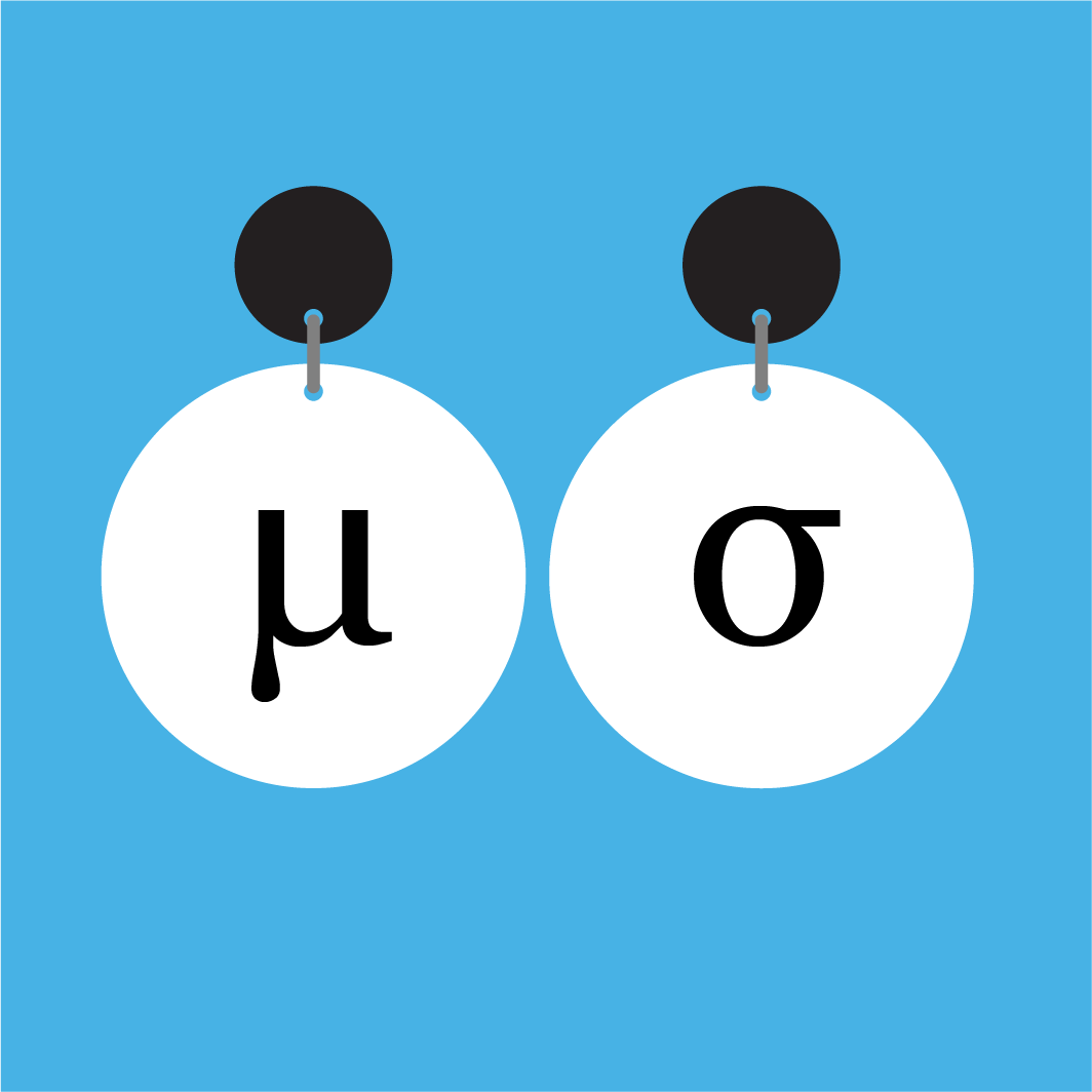 Pair of white round equation dangle earrings with Mean and Standard Deviations symbols in black, and with black earring toppers. 