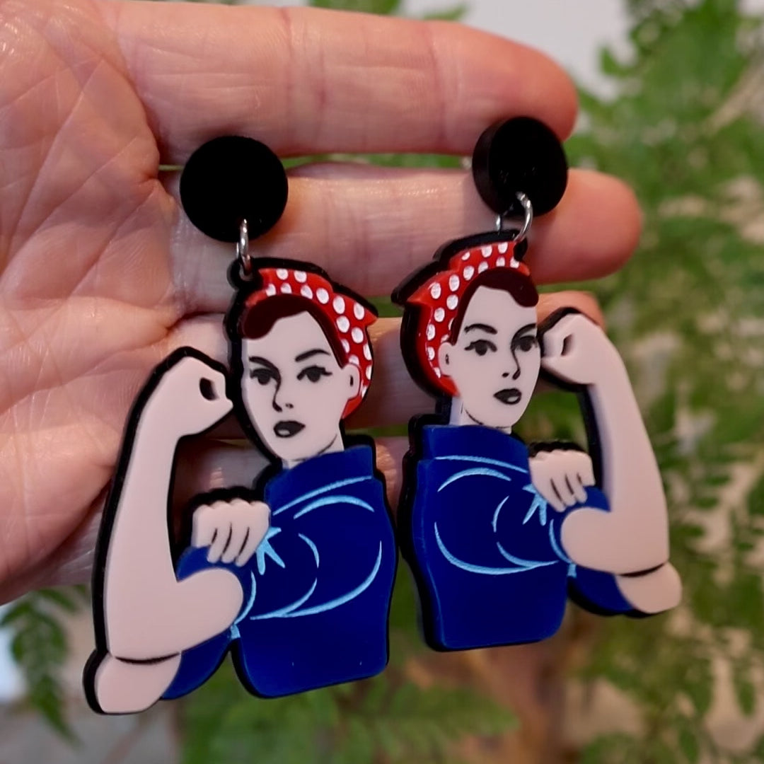 Closeup Video of Acrylic rosie the riveter earrings by Oh Pluto