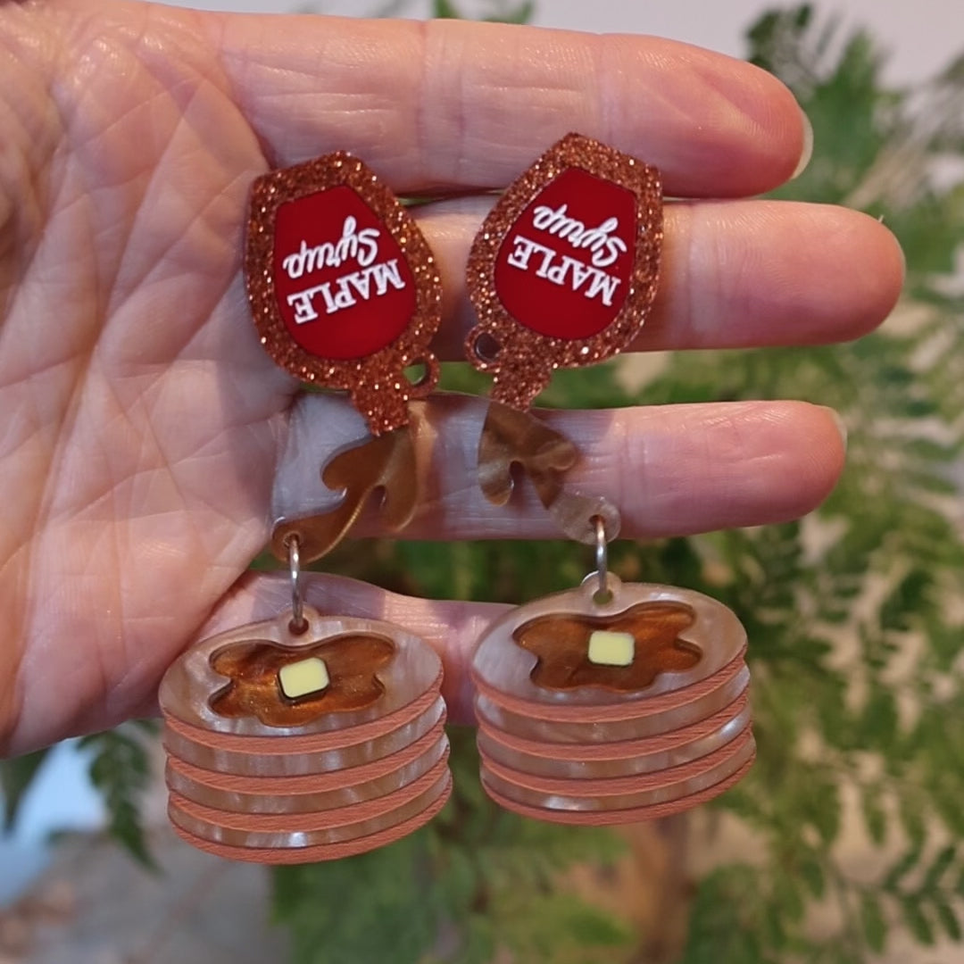 Closeup Video of Acrylic pancakes with syrup earrings by Oh Pluto
