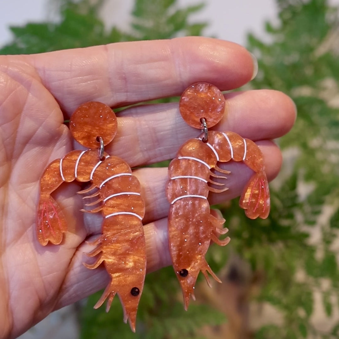 Closeup Video of Acrylic shrimp earrings by Oh Pluto