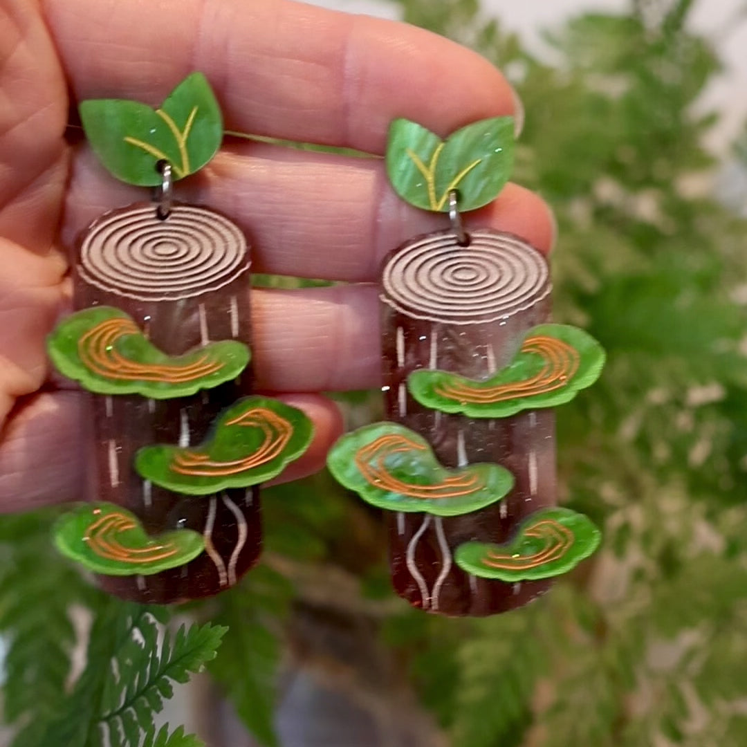 Closeup Video of Acrylic Polypore shelf fungus earrings by Oh Pluto
