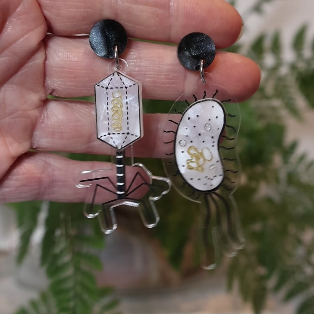 Closeup Video of Acrylic bacteria and virus earrings by Oh Pluto