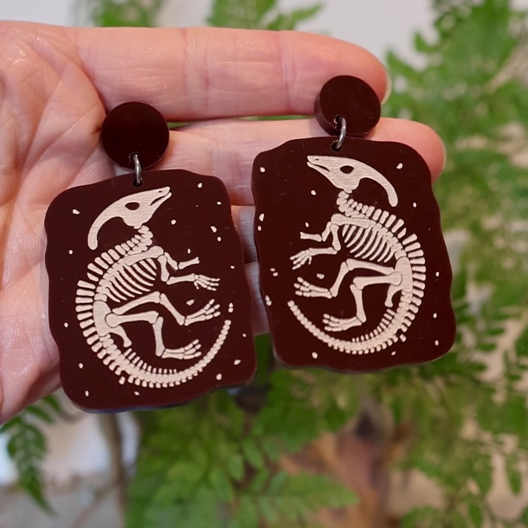 Closeup Video of Acrylic Parasaurolophus  earrings by Oh Pluto