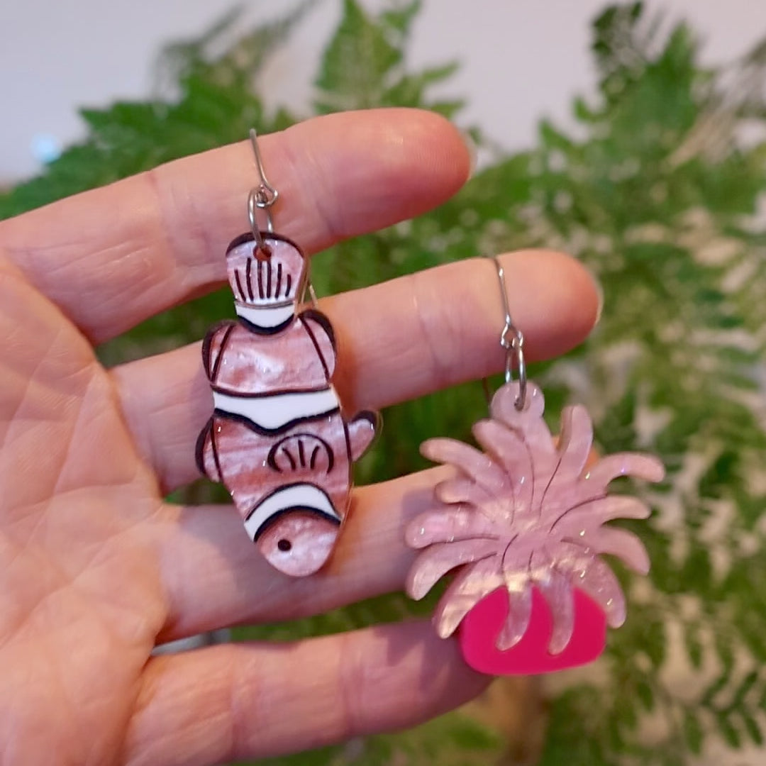 Closeup Video of Acrylic clownfish and anemone earrings by Oh Pluto