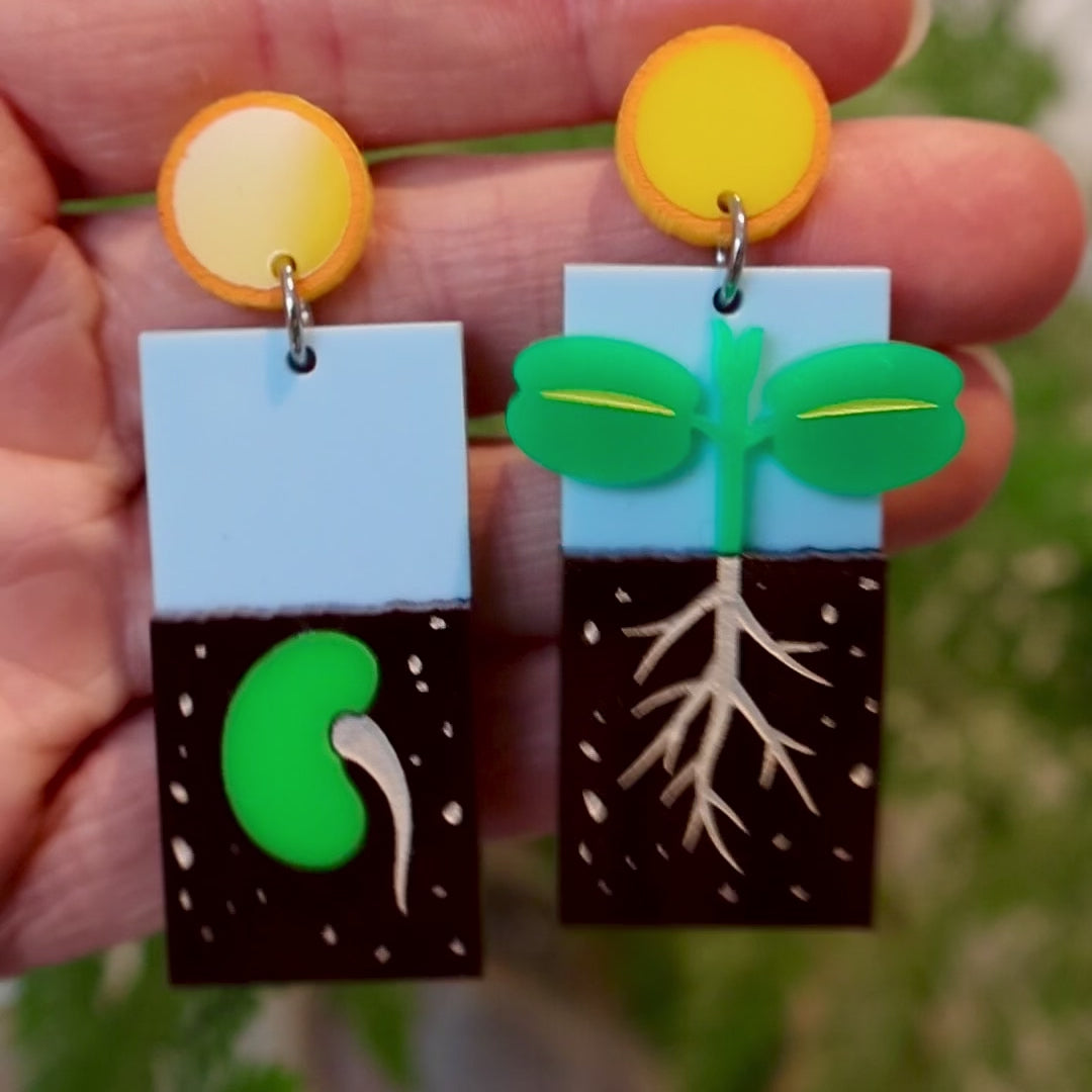 Closeup Video of Acrylic Germination earrings by Oh Pluto