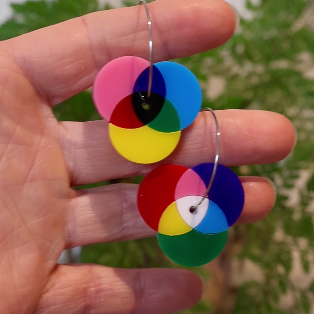 Closeup Video of Acrylic colour wheel earrings by Oh Pluto