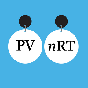 Pair of white round equation dangle earrings with 'PV nRT' text in black, and with black earring toppers. 