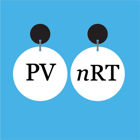 Pair of white round equation dangle earrings with 'PV nRT' text in black, and with black earring toppers. 