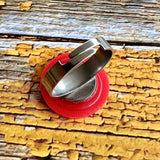 back view of acrylic red blood cell ring with adjustable stainless steel ring component