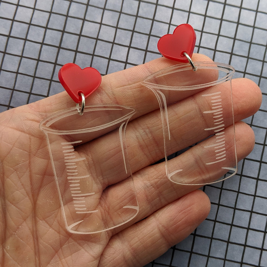Laser Cut Acrylic Clear Beaker Earrings with Red Heart Earring Toppers. Chemistry Glassware Earrings. 