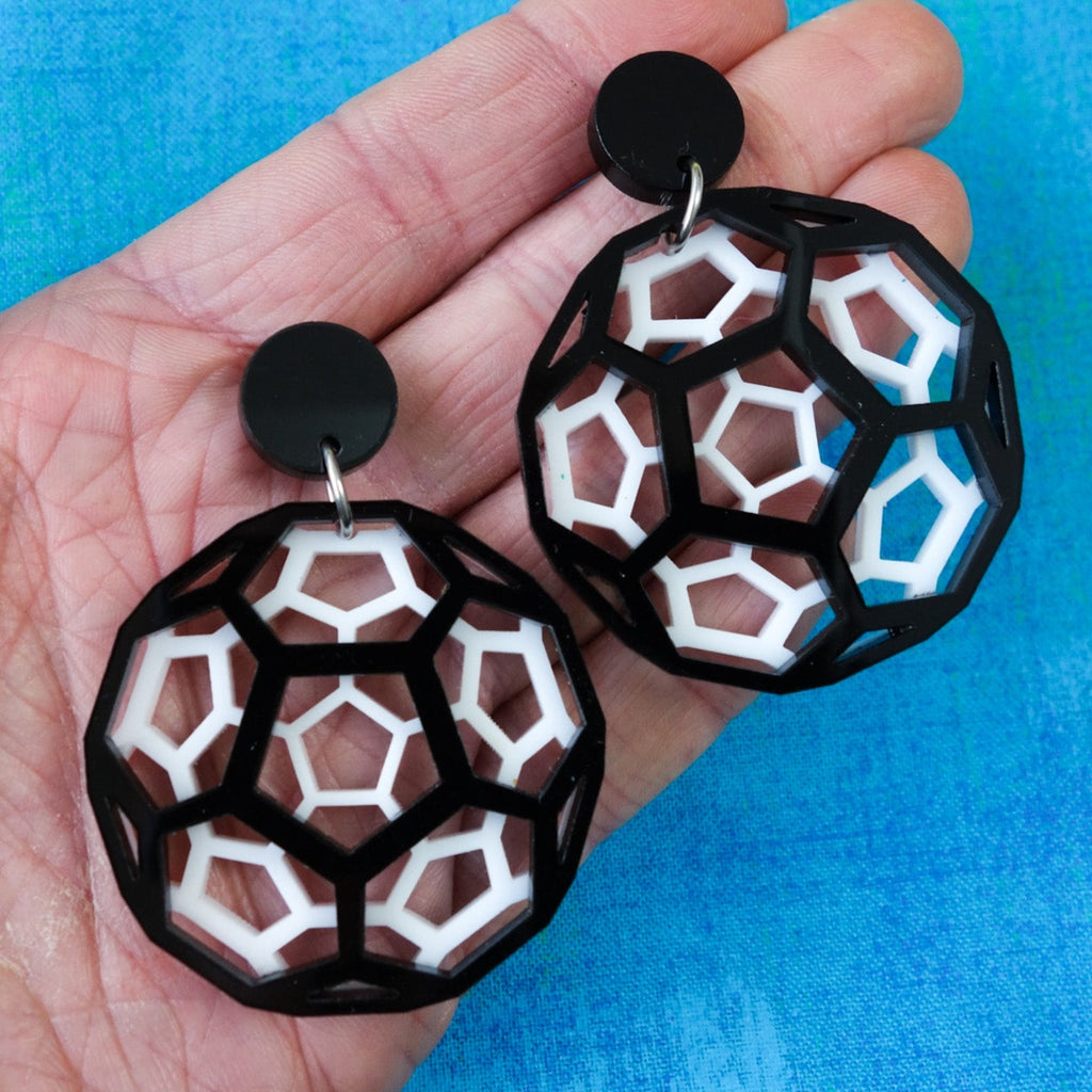 Black and white bucky ball earrings in laser cut acrylic. Chemistry earrings for Science lovers. 