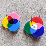 Asymmetrical Laser Cut Acrylic Colour Wheel Earrings showing additive and subtractive colour diagrams. Earrings are sitting on a concrete surface.