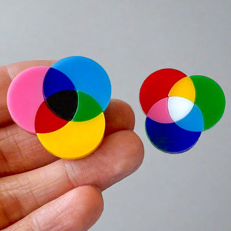 A pair of small subtractive and additive colour wheel brooches, laser cut in acrylic.