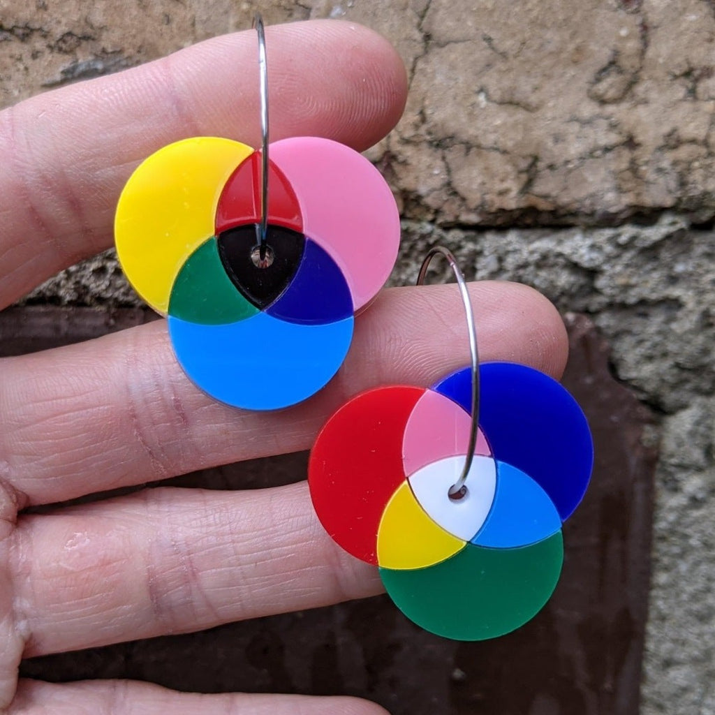 Asymmetrical Laser Cut Acrylic Colour Wheel Earrings showing additive and subtractive colour diagrams. Earrings are being held up.
