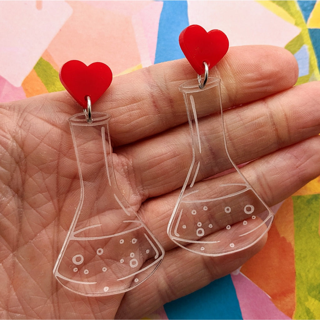 Laser Cut Acrylic Clear Conical Flask Earrings with Red Heart Earring Toppers. Chemistry Glassware Earrings.