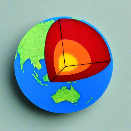 Laser Cut Acrylic Planet Earth Brooch with Core Cutout up close. 