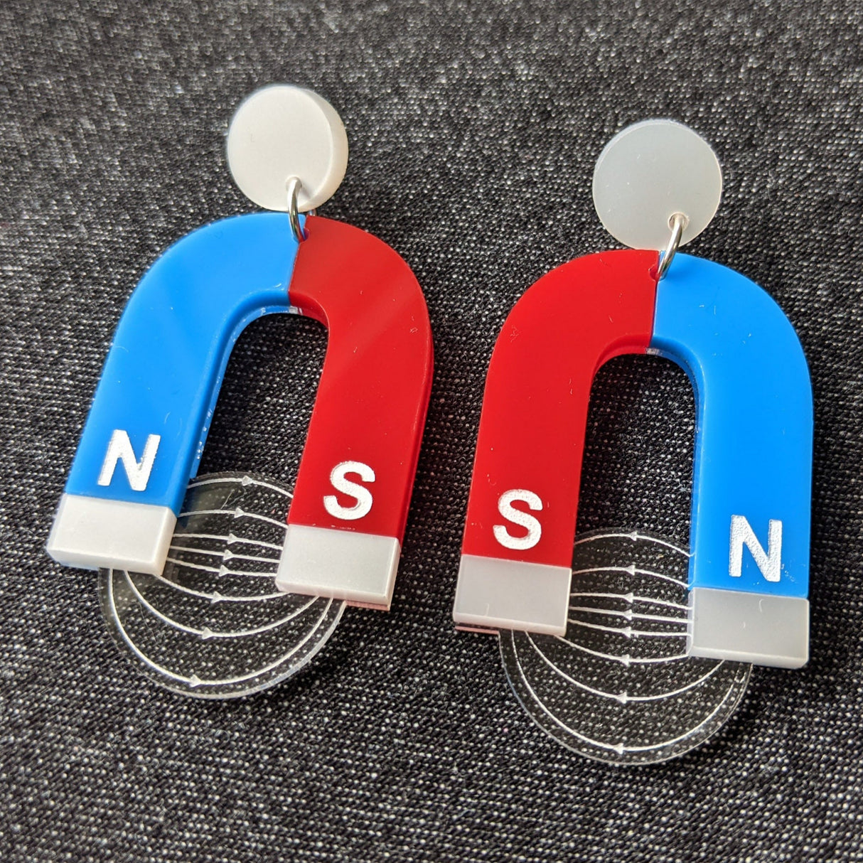Laser Cut Acrylic HorseShoe Magnet Earrings. Blue, Red and Silver. 