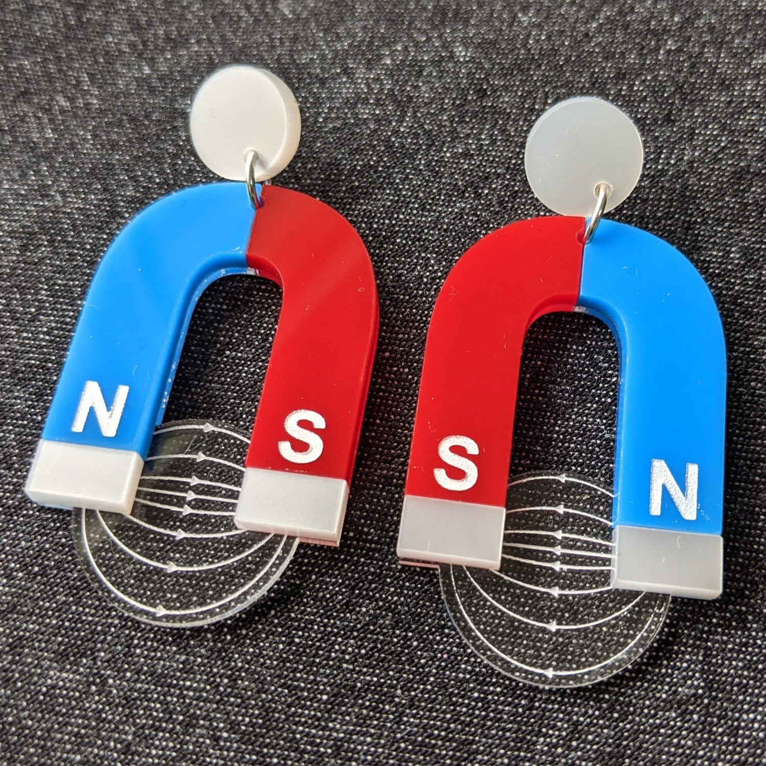 Laser Cut Acrylic HorseShoe Magnet Earrings. Blue, Red and Silver. 