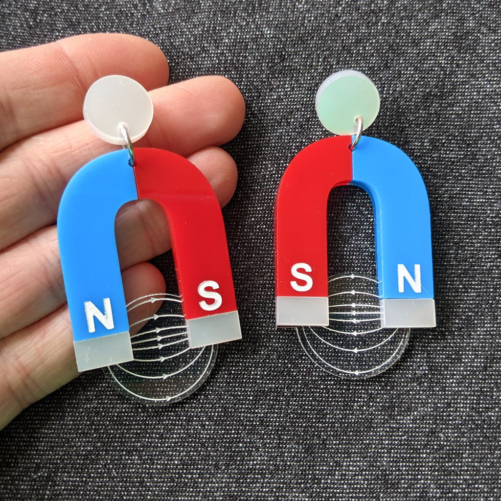 Laser Cut Acrylic HorseShoe Magnet Earrings. Blue, Red and Silver. 