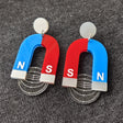 Laser Cut Acrylic HorseShoe Magnet Earrings. Blue, Red and Silver. 