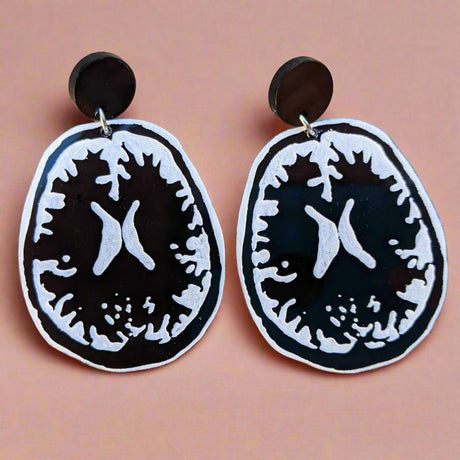 Laser Cut Acrylic Brain MRI Earrings in Black and White. 